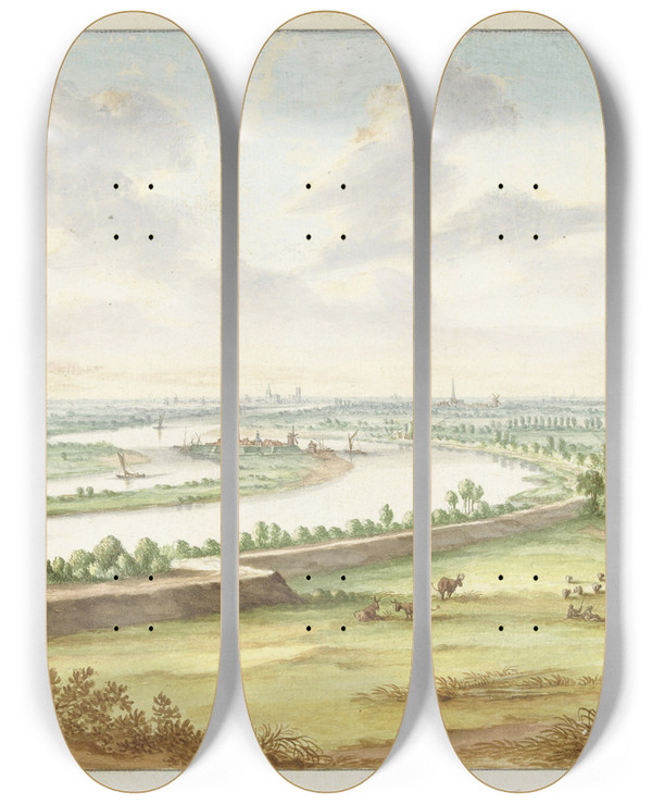 Triptych art skateboard deck of Jan Van Call The Elder Gezicht Van Schenkenschans by Jan van Call the elder (1656-1703)