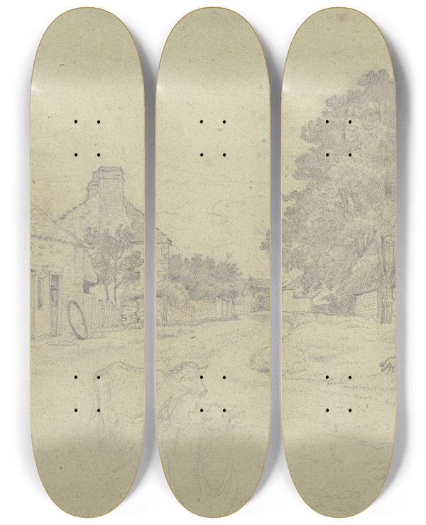 Triptych art skateboard deck of Otto Scholderer Strae Von Pickering by Otto Scholderer (1834-1902)