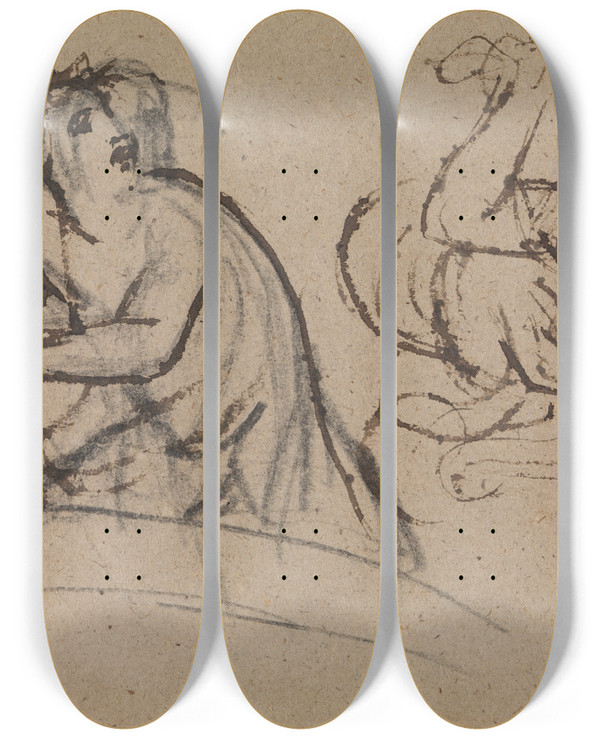 Triptych art skateboard deck of Benjamin Robert Haydon Study Of A Figure Holding A Dagger by Benjamin Robert Haydon (1786-1846)