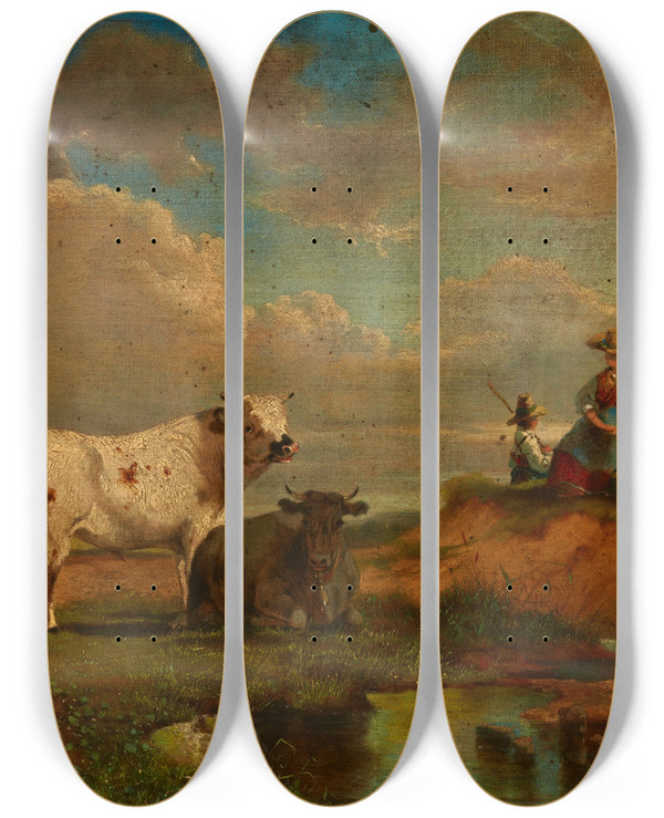 Triptych art skateboard deck of Eduard Michel Ferdinand Hamman Landscape With A Shepherdess And Cattle by Eduard Michel Ferdinand Hamman (1850)