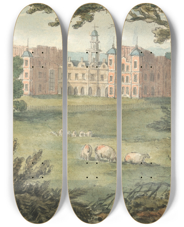 Triptych art skateboard deck of Thomas Bradshaw Hatfield House by Thomas Bradshaw (1767)