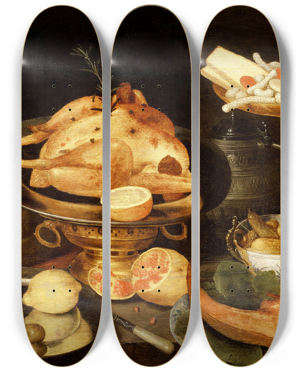 Triptych art skateboard deck of Peter Binoit Still Life With A Meal by Peter Binoit (1590-1632)