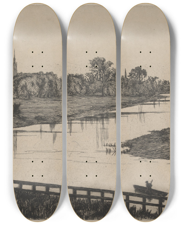 Triptych art skateboard deck of Edwin Edwards A Town by Edwin Edwards