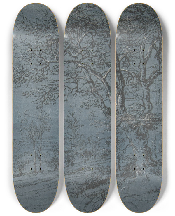 Triptych art skateboard deck of Lucas Van Uden Wooded Landscape With A House By A River by Lucas Van Uden (1595-1672)