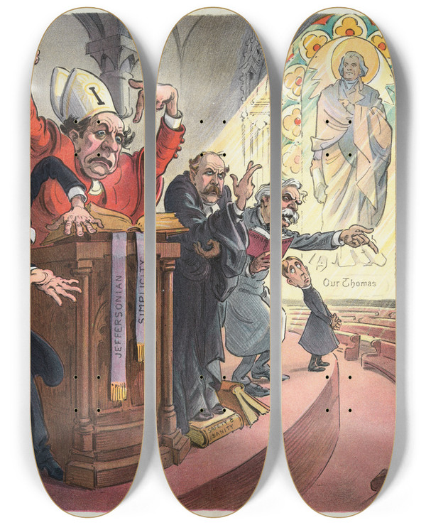 Triptych art skateboard deck of Udo Keppler The Rival Pulpiteers by Udo Keppler (1872-1956)