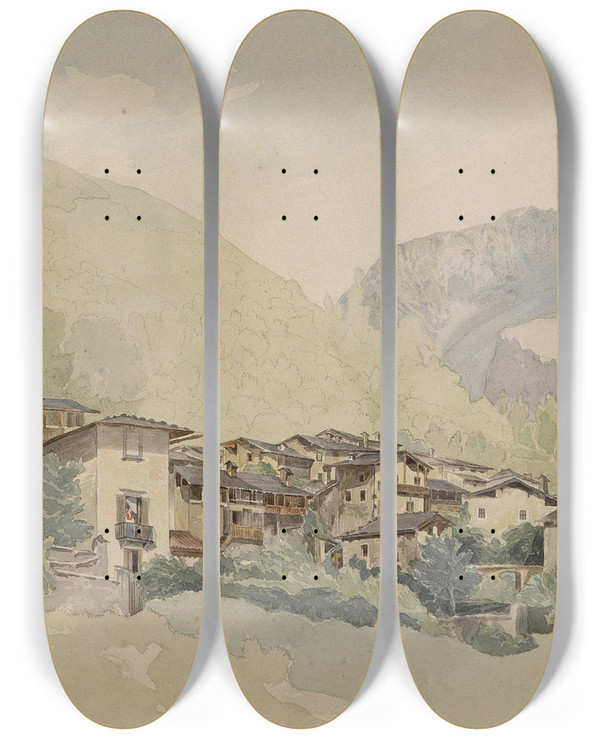 Triptych art skateboard deck of Thomas Ender Dorf In Einer Gebirgslandschaft by Thomas Ender (1793-1875)