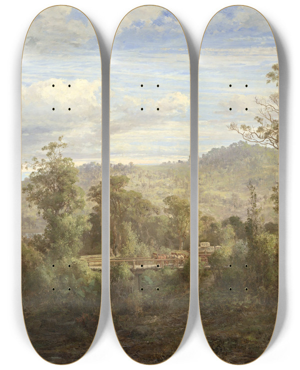 Triptych art skateboard deck of Louis Buvelot Between Tallarook And Yea by Louis Buvelot (1814-1888)