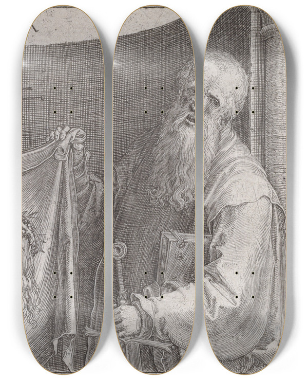 Triptych art skateboard deck of Lucas Van Leyden Saints Peter And Paul With The Vernicle by Lucas Van Leyden (1494-1533)