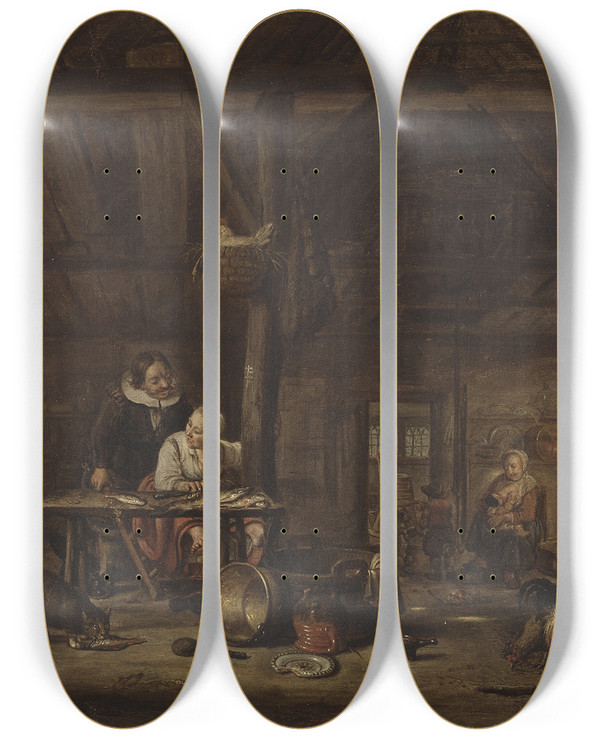 Triptych art skateboard deck of Govert Dircksz Camphuysen Interior Of A Stable by Govert Dircksz Camphuysen (1624-1672)