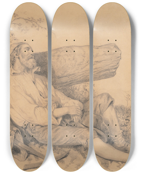 Triptych art skateboard deck of Dominique Louis Papety Sleeping Field Worker by Dominique Louis Papety (1815-1849)