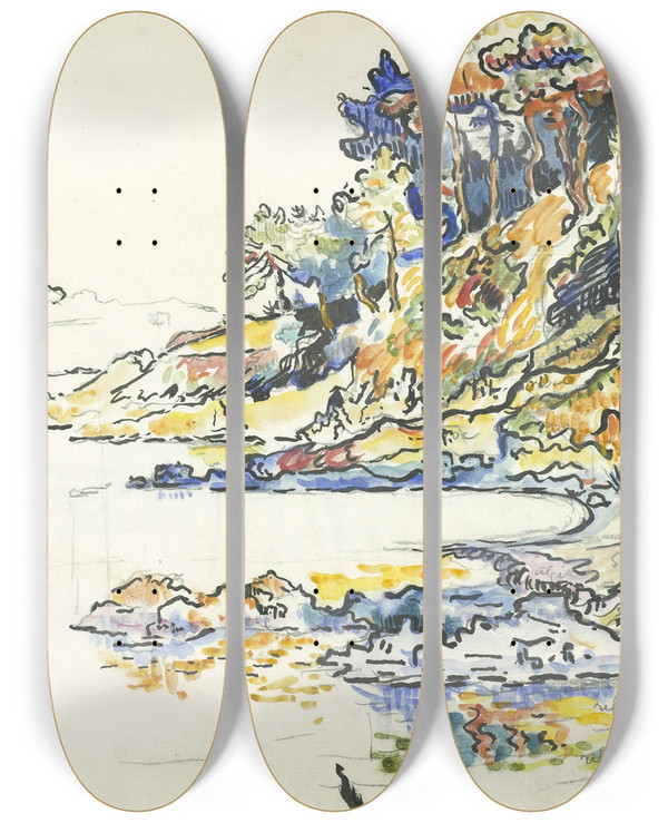 Triptych art skateboard deck of Paul Signac The Calanque At Saint Tropez by Paul Signac (1863-1935)