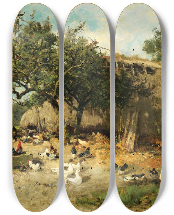Triptych art skateboard deck of Alexandre Defaux La Basse Cour by Alexandre Defaux (1826-1900)