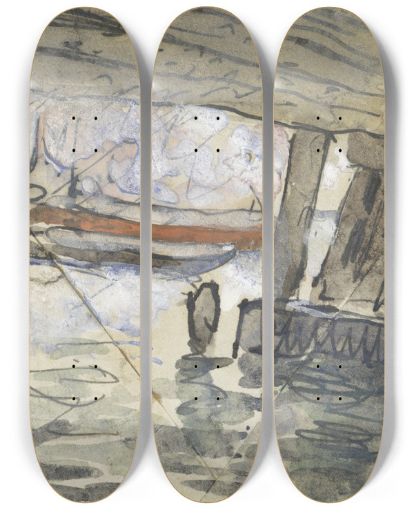 Triptych art skateboard deck of Adolf Le Comte Gezicht Onder Een Spoorviaduct Te Amsterdam by Adolf Le Comte (1850-1921)
