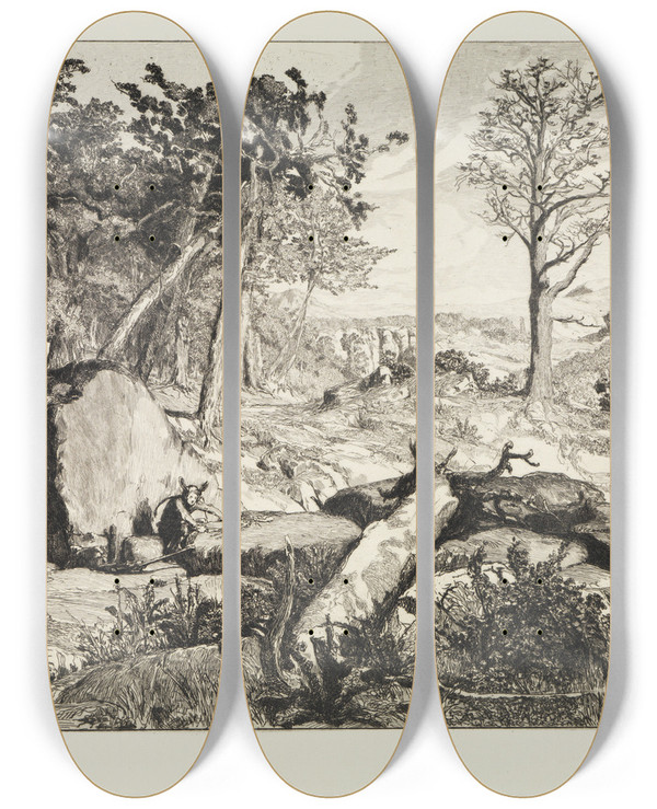 Triptych art skateboard deck of Max Klinger Simplicius In Der Waldeinde Intermezzi Opus Iv Blatt 10 by Max Klinger (1857-1920)