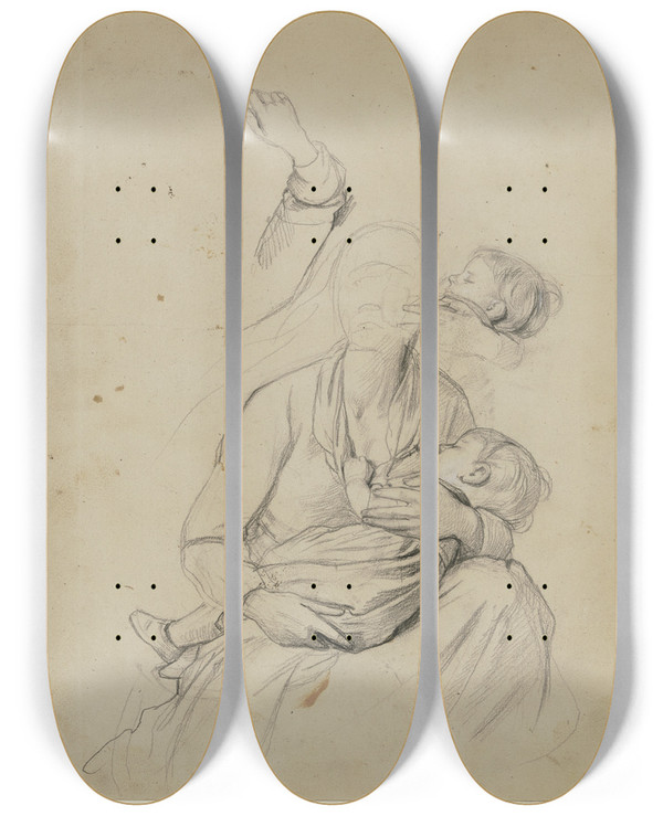 Triptych art skateboard deck of Jakob Becker Studienblatt Frau Mit Kind_1 by Jakob Becker (1810-1872)