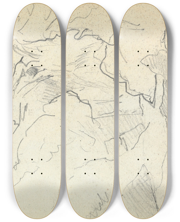 Triptych art skateboard deck of Thomas Bradshaw Slight Sketch Of Rocks by Thomas Bradshaw (1767)