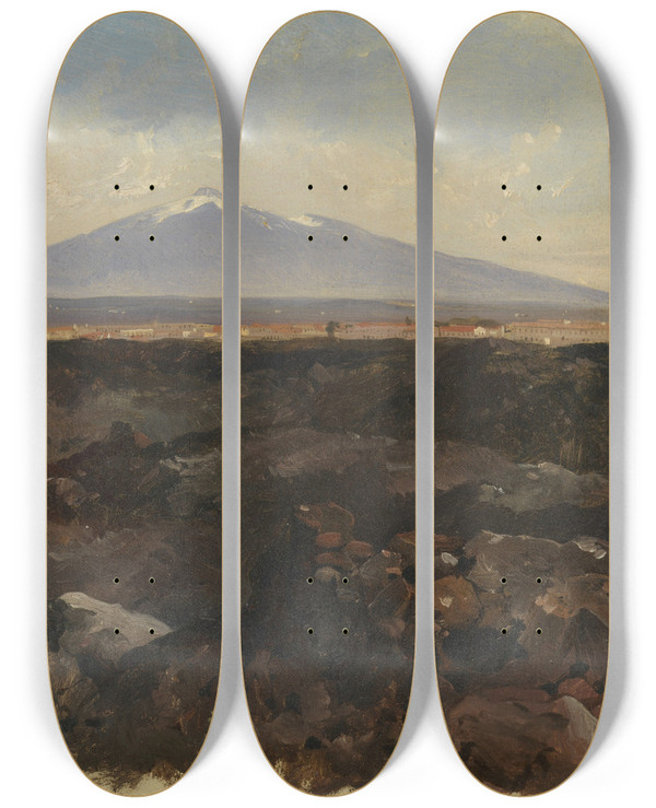 Triptych art skateboard deck of Edward Lear Catania And Mount Etna by Edward Lear (1812-1888)