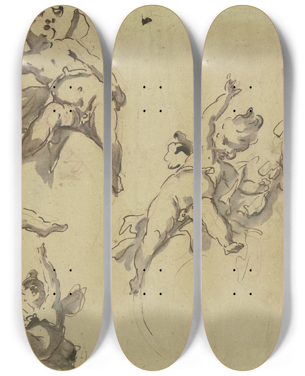 Triptych art skateboard deck of Gaspare Diziani Playing Cherubs_2 by Gaspare Diziani (1689-1767)
