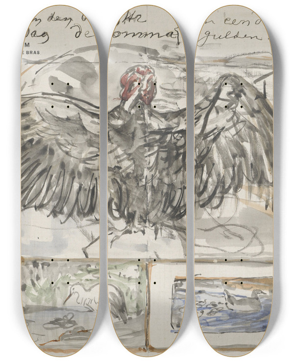 Triptych art skateboard deck of Theo Van Hoytema Vijf Schetsen Naar Werken Van Vogels by Theo Van Hoytema (1863-1917)