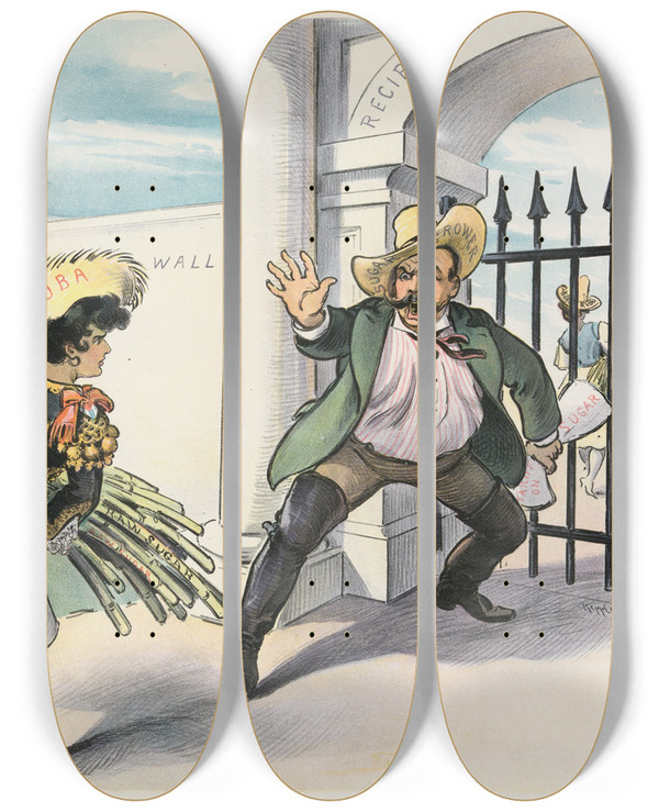 Triptych art skateboard deck of Udo Keppler Cubas Opportunity by Udo Keppler (1872-1956)