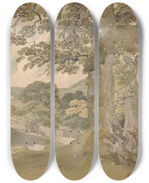 Triptych art skateboard deck of Joseph Powell Windermere From Rydal Park by Joseph Powell (1780-1834)