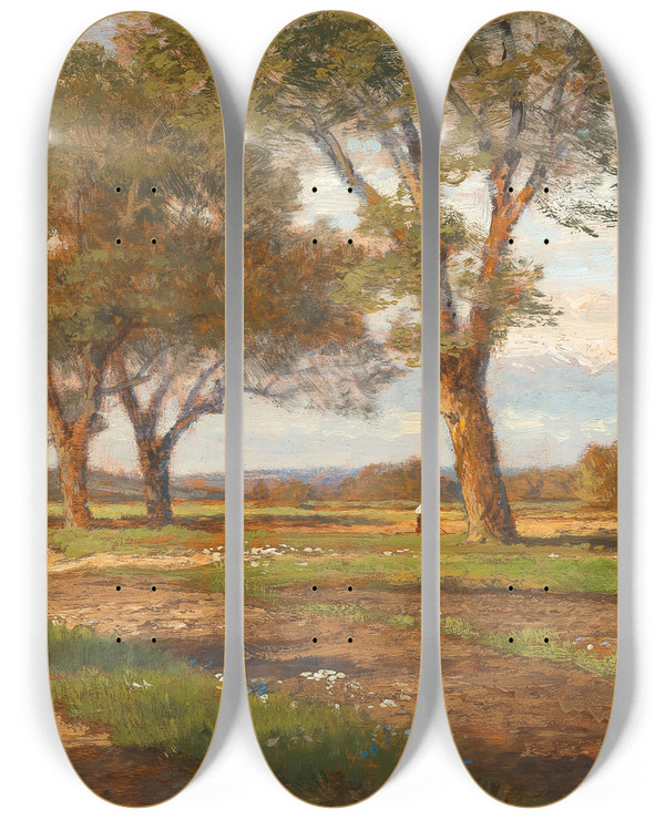 Triptych art skateboard deck of Hugo Darnaut Summer Harvest by Hugo Darnaut (1850-1937)