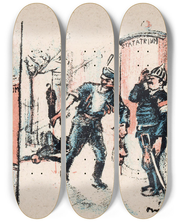 Triptych art skateboard deck of Mihly Bir Extreem Geweld Tegen Arbeiders by Mihaly Biro (1886-1949)