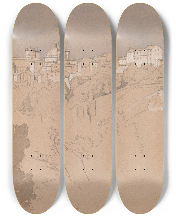Triptych art skateboard deck of August Christian Geist Ariccia Seen From Across A Valley by August Christian Geist (1835-1868)