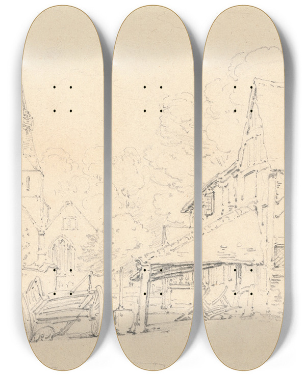 Triptych art skateboard deck of Henry Edridge Shere Church Surrey by Henry Edridge (1769-1821)