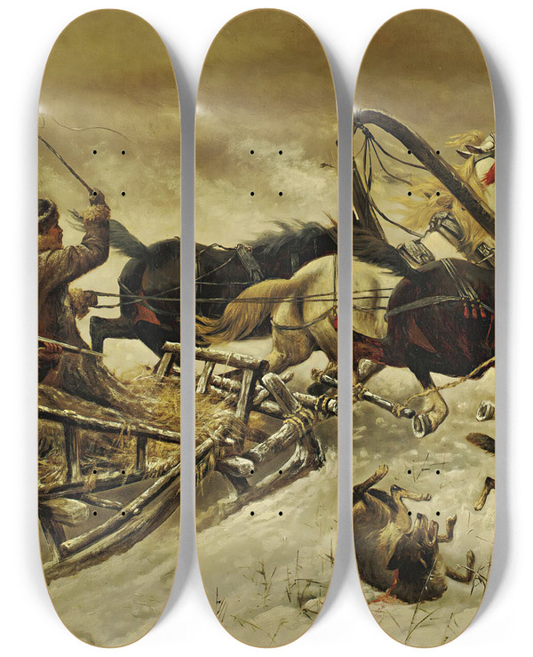 Triptych art skateboard deck of Adolf Baumgartnerstoiloff The Wolf Hunt by Adolf Baumgartner Stoiloff (1850-1924)