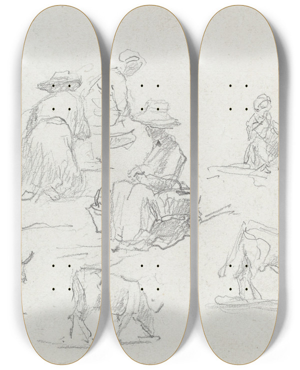 Triptych art skateboard deck of Eugne Boudin Peasants And Cows Recto by Eugene Boudin (1824-1898)