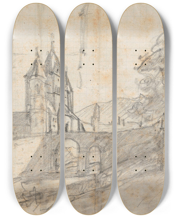 Triptych art skateboard deck of Nicaise De Keyser Benedictine Monastery In Maria Laach by Nicaise De Keyser (1813-1887)