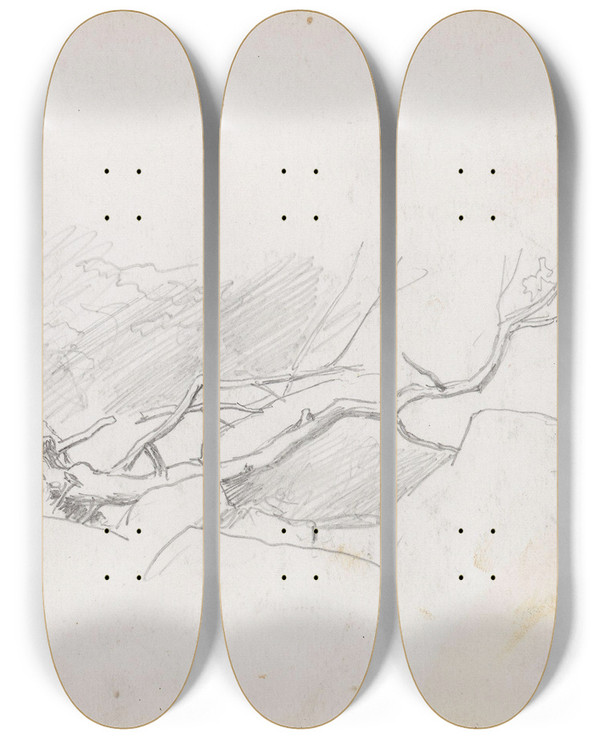 Triptych art skateboard deck of Hans Gude Nakent Nedblst Tre by Hans Gude (1825-1903)