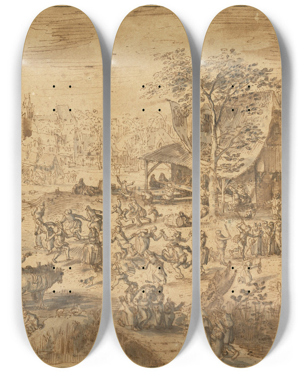 Triptych art skateboard deck of David Vinckboons Peasant Kermis by David Vinckboons (1576-1629)