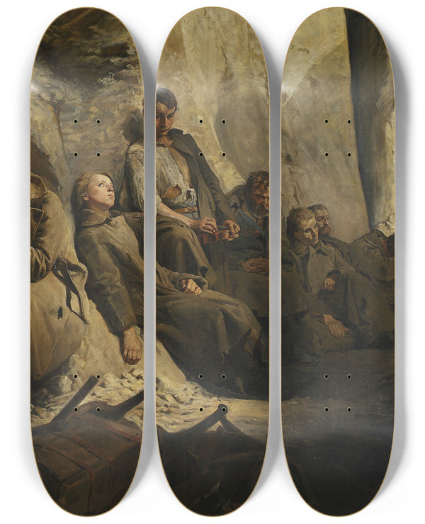 Triptych art skateboard deck of Jacek Malczewski Sunday At The Mine Rest At The Mine by Jacek Malczewski (1854-1929)
