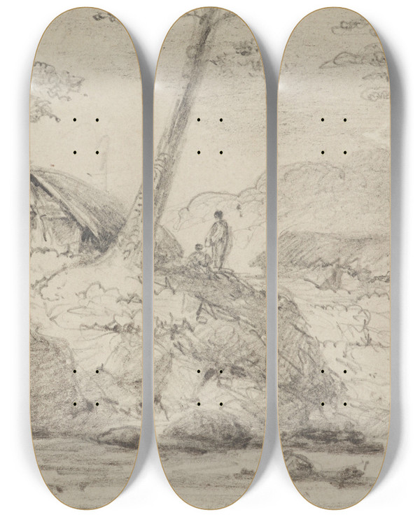 Triptych art skateboard deck of William Swainson Huts At The Mangaroa Bridge by William Swainson (1789-1855)