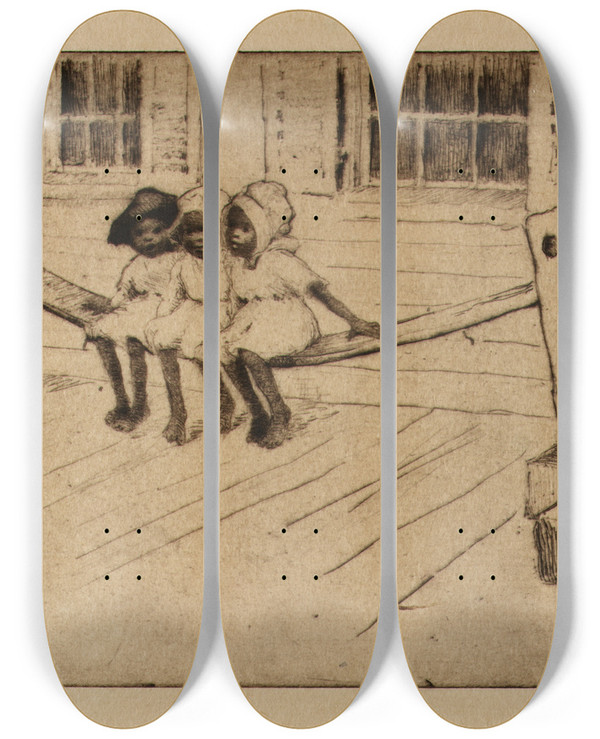 Triptych art skateboard deck of Helen Hyde The Joggling Board by Helen Hyde (1868-1919)