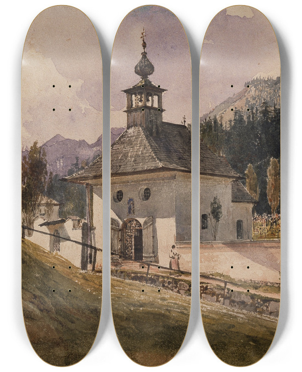 Triptych art skateboard deck of Rudolf Von Alt Graveyard In Ischl by Rudolf Von Alt (1812-1905)