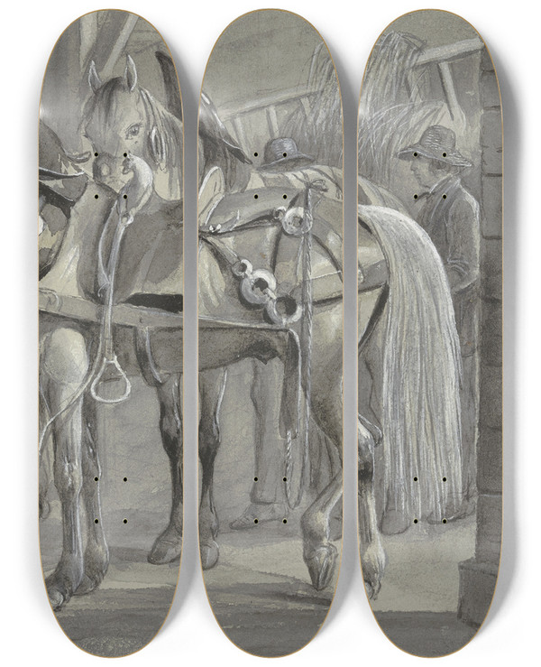 Triptych art skateboard deck of Edward Hull Harnessed Horses by Edward Hull (1823-1906)