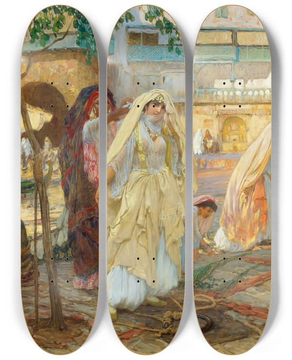Triptych art skateboard deck of Frederick Arthur Bridgman Aprs La Fteport Dalger by Frederick Arthur Bridgman (1847-1928)