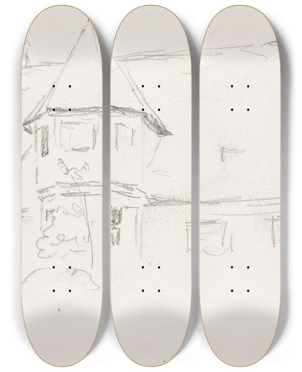Triptych art skateboard deck of Hans Gude House by Hans Gude (1825-1903)