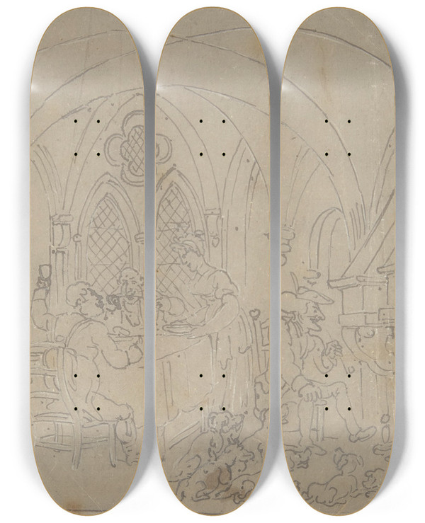 Triptych art skateboard deck of Thomas Rowlandson Dr Syntax And The Superannuated Fox Hunters by Thomas Rowlandson (1756-1827)