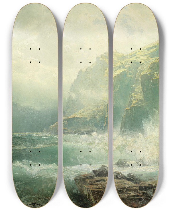 Triptych art skateboard deck of William Trost Richards Rocky Coastline Cornwall by William Trost Richards (1833-1905)