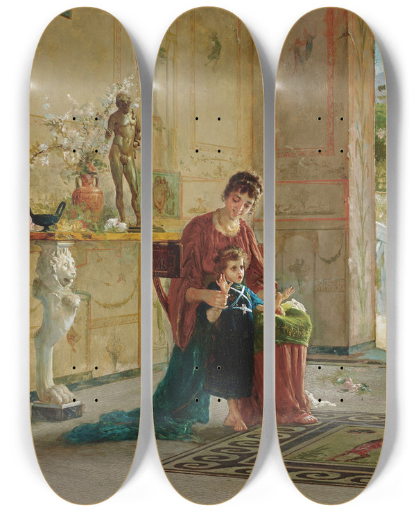 Triptych art skateboard deck of Ettore Forti A Surprise Visitor by Ettore Forti (1880-1920)