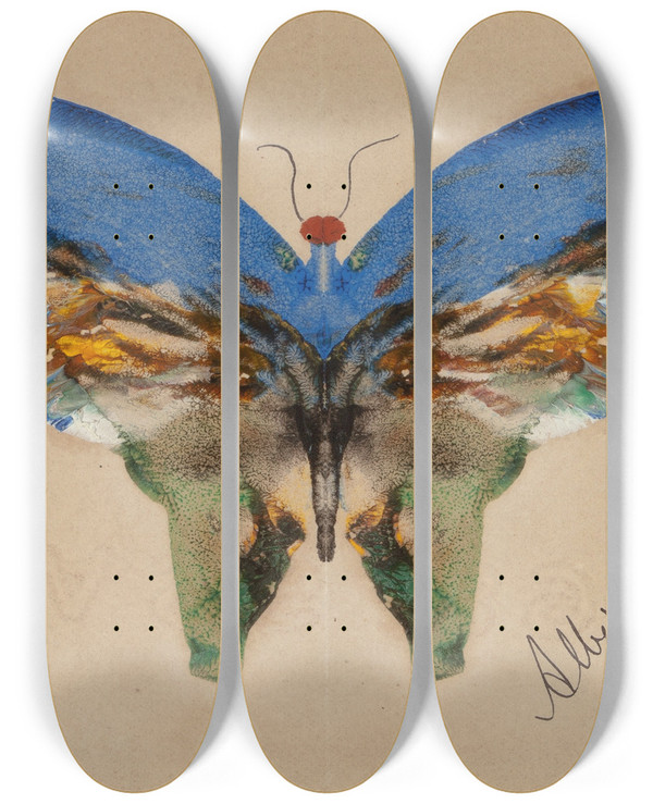Triptych art skateboard deck of Albert Bierstadt Blue Butterfly by Albert Bierstadt (1830-1902)