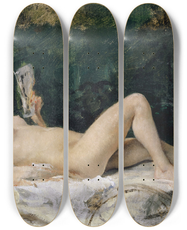 Triptych art skateboard deck of Frank Buchser Young Woman Lying On A Bed And Reading by Frank Buchser (1828-1890)