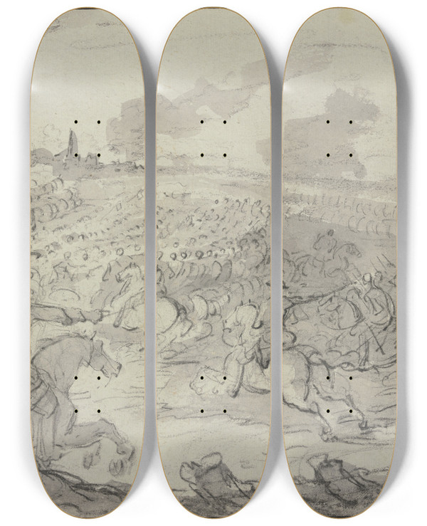Triptych art skateboard deck of Charles Parrocel Cavallery Attack by Charles Parrocel (1688-1752)