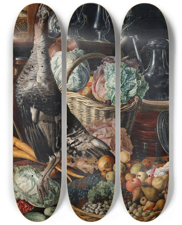 Triptych art skateboard deck of Joachim Beuckelaer Kitchen Scene With Christ At Emmaus by Joachim Beuckelaer (1530-1574)