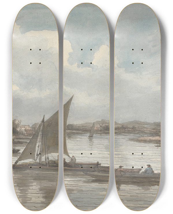 Triptych art skateboard deck of William P Sherlock View On The Thames At Batersea by William P Sherlock (1780-1825)