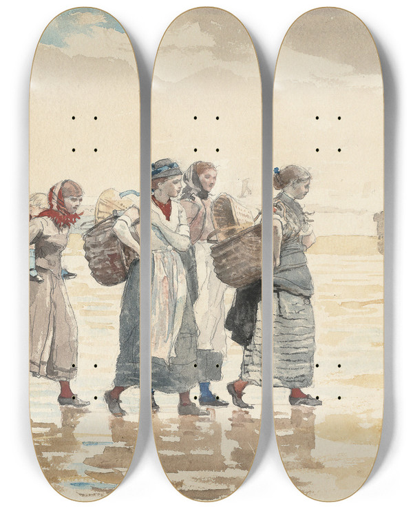 Triptych art skateboard deck of Winslow Homer Four Fishwives On The Beach by Winslow Homer (1836-1910)